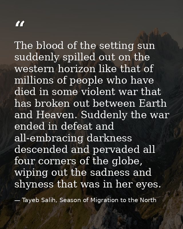 The blood of the setting sun suddenly spilled out on the western horizon like that of millions of people who have died i — Tayeb Salih, Season of Migration to the North