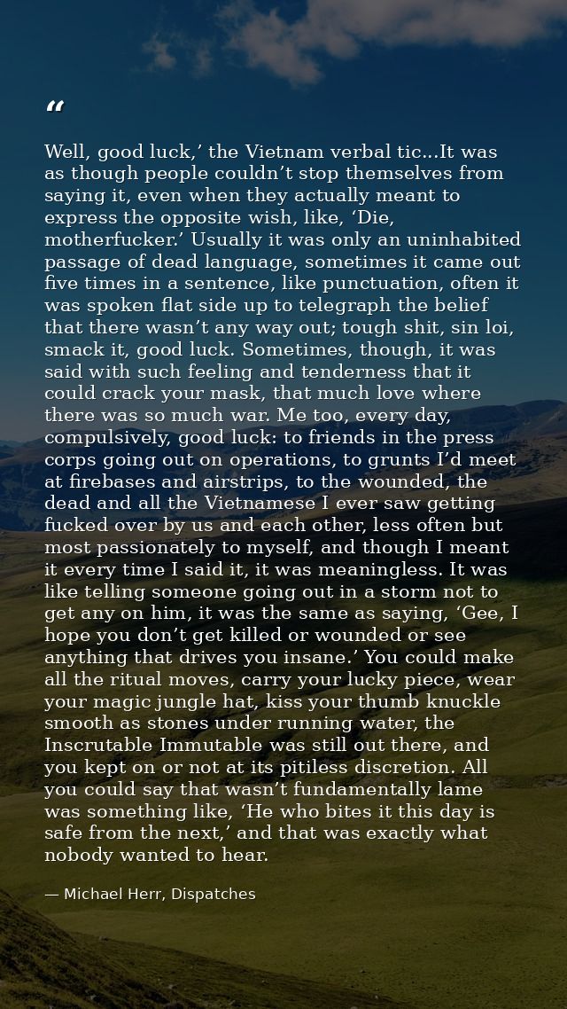 Well, good luck,’ the Vietnam verbal tic...It was as though people couldn’t stop themselves from saying it, even when th — Michael Herr, Dispatches