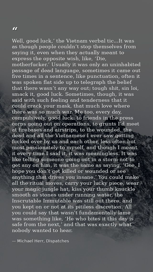 Well, good luck,’ the Vietnam verbal tic...It was as though people couldn’t stop themselves from saying it, even when th — Michael Herr, Dispatches