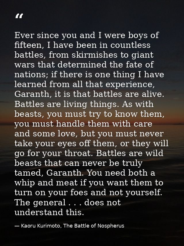 Ever since you and I were boys of fifteen, I have been in countless battles, from skirmishes to giant wars that determin — Kaoru Kurimoto, The Battle of Nospherus