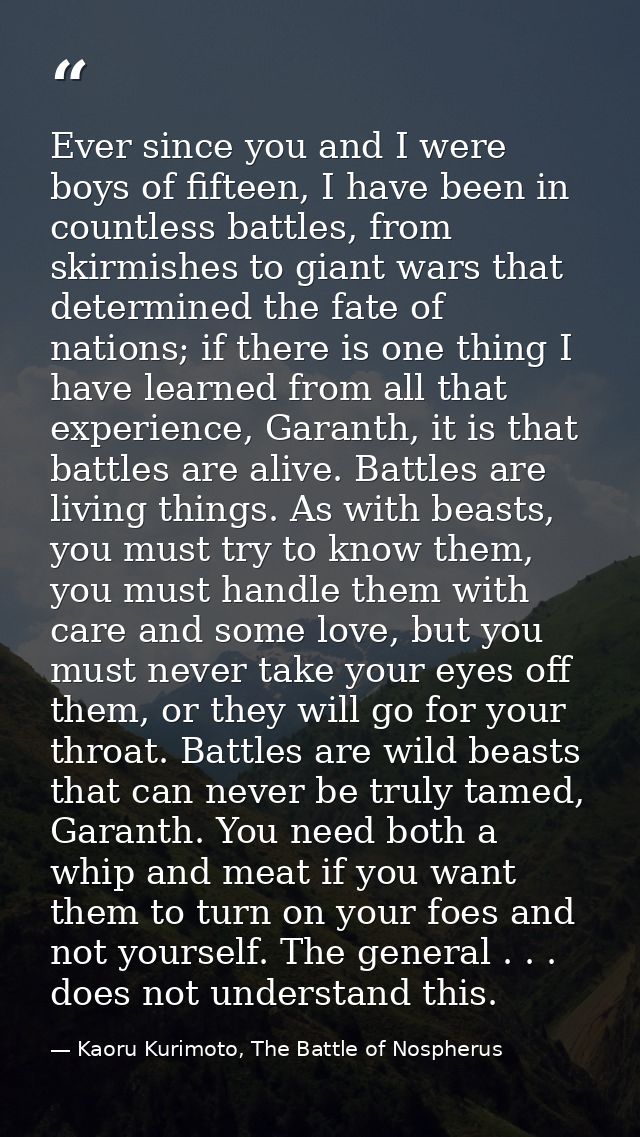Ever since you and I were boys of fifteen, I have been in countless battles, from skirmishes to giant wars that determin — Kaoru Kurimoto, The Battle of Nospherus