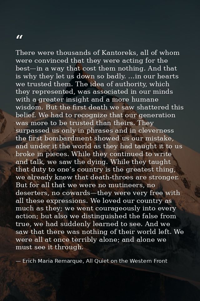 There were thousands of Kantoreks, all of whom were convinced that they were acting for the best—in a way that cost them — Erich Maria Remarque, All Quiet on the Western Front