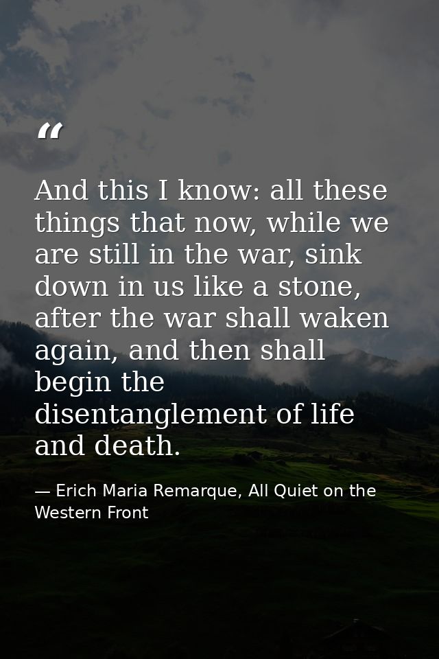 And this I know: all these things that now, while we are still in the war, sink down in us like a stone, after the war s — Erich Maria Remarque, All Quiet on the Western Front