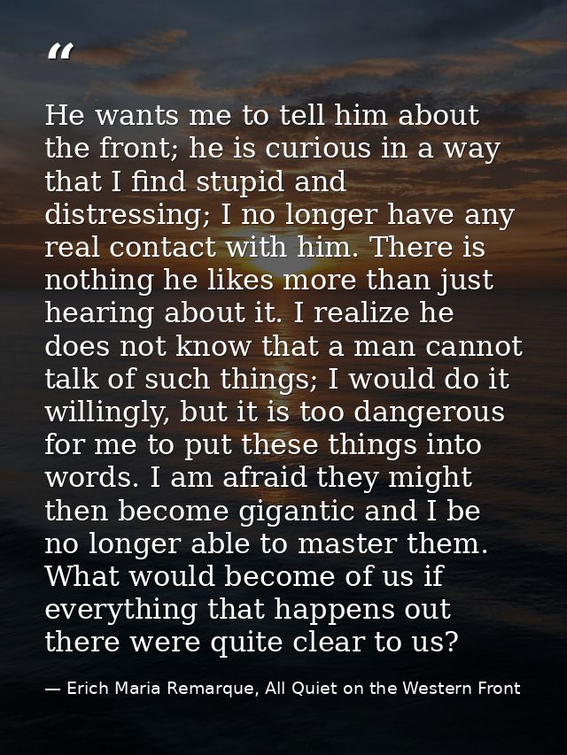 He wants me to tell him about the front; he is curious in a way that I find stupid and distressing; I no longer have any — Erich Maria Remarque, All Quiet on the Western Front