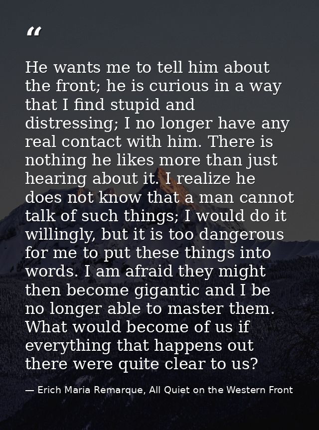 He wants me to tell him about the front; he is curious in a way that I find stupid and distressing; I no longer have any — Erich Maria Remarque, All Quiet on the Western Front