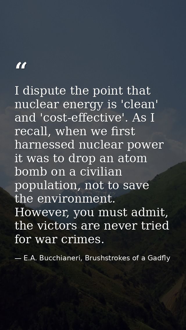 I dispute the point that nuclear energy is 'clean' and 'cost-effective'. As I recall, when we first harnessed nuclear po — E.A. Bucchianeri, Brushstrokes of a Gadfly