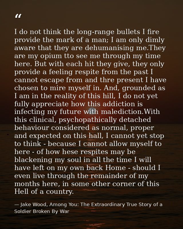 I do not think the long-range bullets I fire provide the mark of a man; I am only dimly aware that they are dehumanising — Jake Wood, Among You: The Extraordinary True Story of a Soldier Broken By War