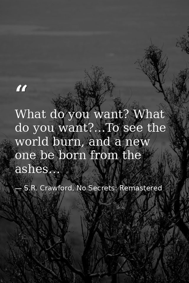 What do you want? What do you want?...To see the world burn, and a new one be born from the ashes… — S.R. Crawford, No Secrets: Remastered