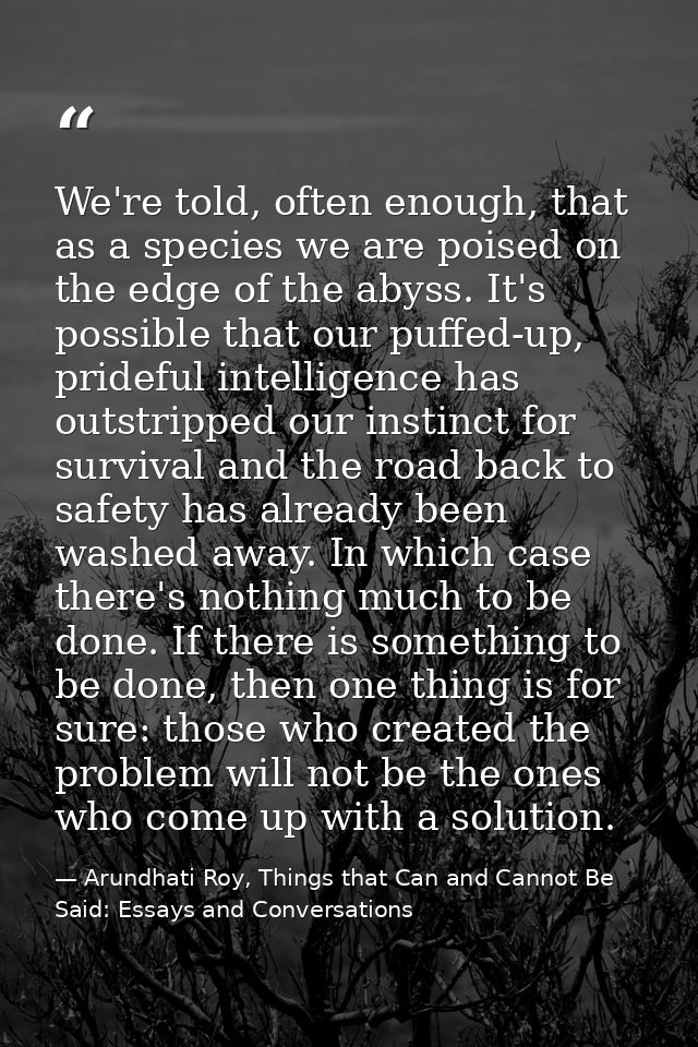 We're told, often enough, that as a species we are poised on the edge of the abyss. It's possible that our puffed-up, pr — Arundhati Roy, Things that Can and Cannot Be Said: Essays and Conversations