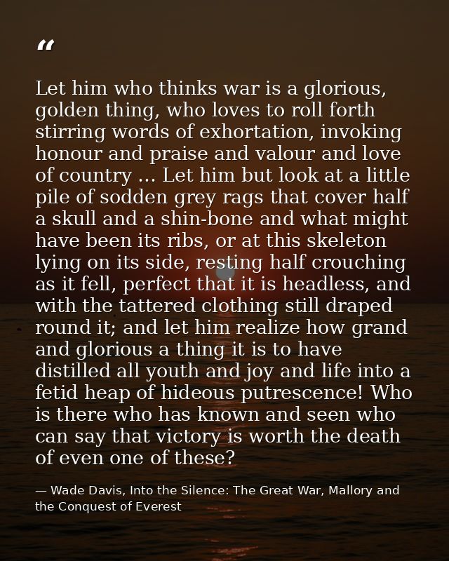 Let him who thinks war is a glorious, golden thing, who loves to roll forth stirring words of exhortation, invoking hono — Wade Davis, Into the Silence: The Great War, Mallory and the Conquest of Everest