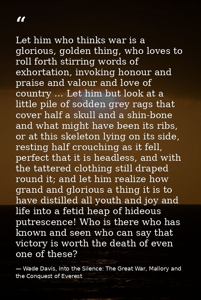 Let him who thinks war is a glorious, golden thing, who loves to roll forth stirring words of exhortation, invoking hono — Wade Davis, Into the Silence: The Great War, Mallory and the Conquest of Everest