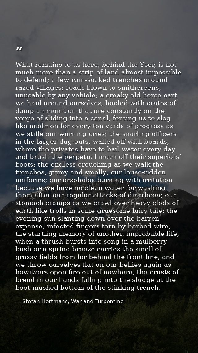 What remains to us here, behind the Yser, is not much more than a strip of land almost impossible to defend; a few rain- — Stefan Hertmans, War and Turpentine