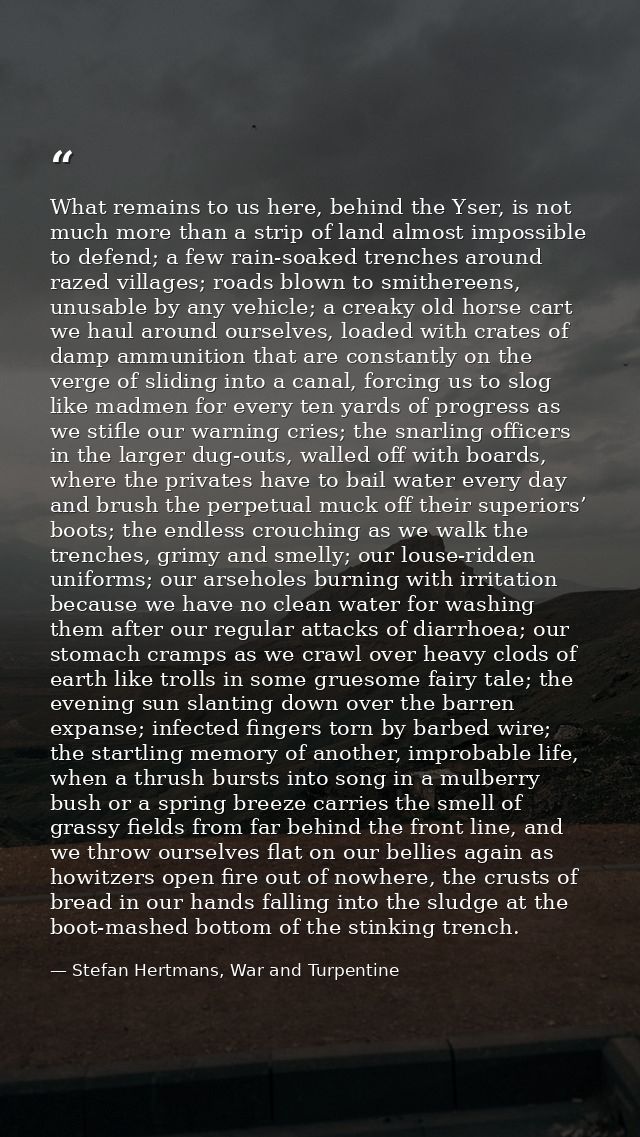 What remains to us here, behind the Yser, is not much more than a strip of land almost impossible to defend; a few rain- — Stefan Hertmans, War and Turpentine