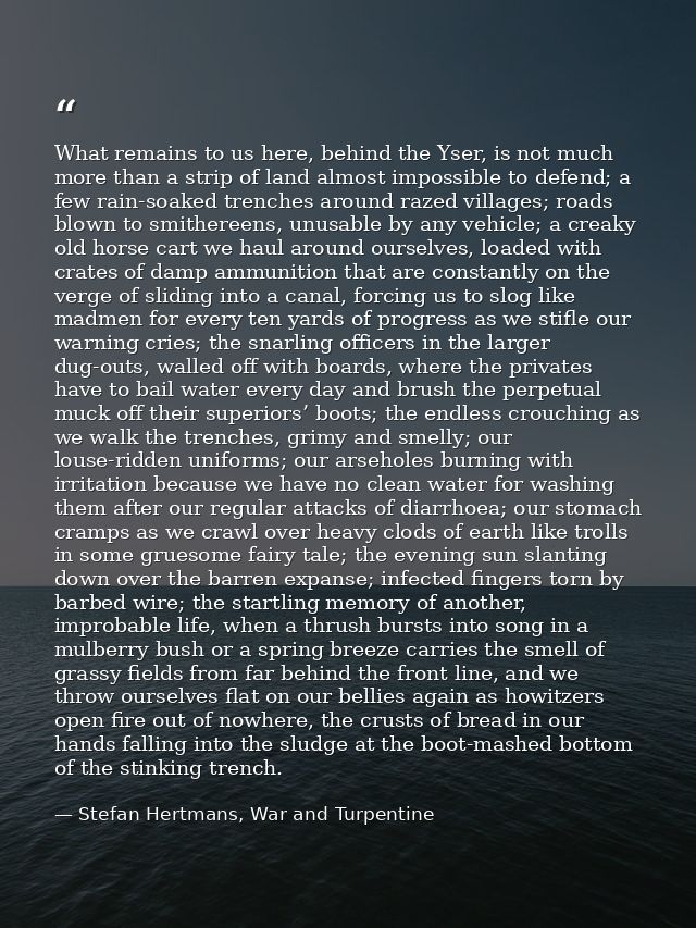 What remains to us here, behind the Yser, is not much more than a strip of land almost impossible to defend; a few rain- — Stefan Hertmans, War and Turpentine