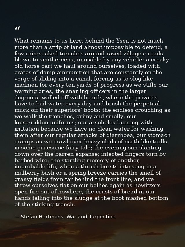 What remains to us here, behind the Yser, is not much more than a strip of land almost impossible to defend; a few rain- — Stefan Hertmans, War and Turpentine