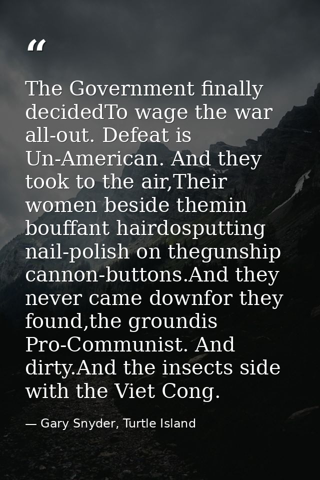 The Government finally decidedTo wage the war all-out. Defeat is Un-American. And they took to the air,Their women besid — Gary Snyder, Turtle Island
