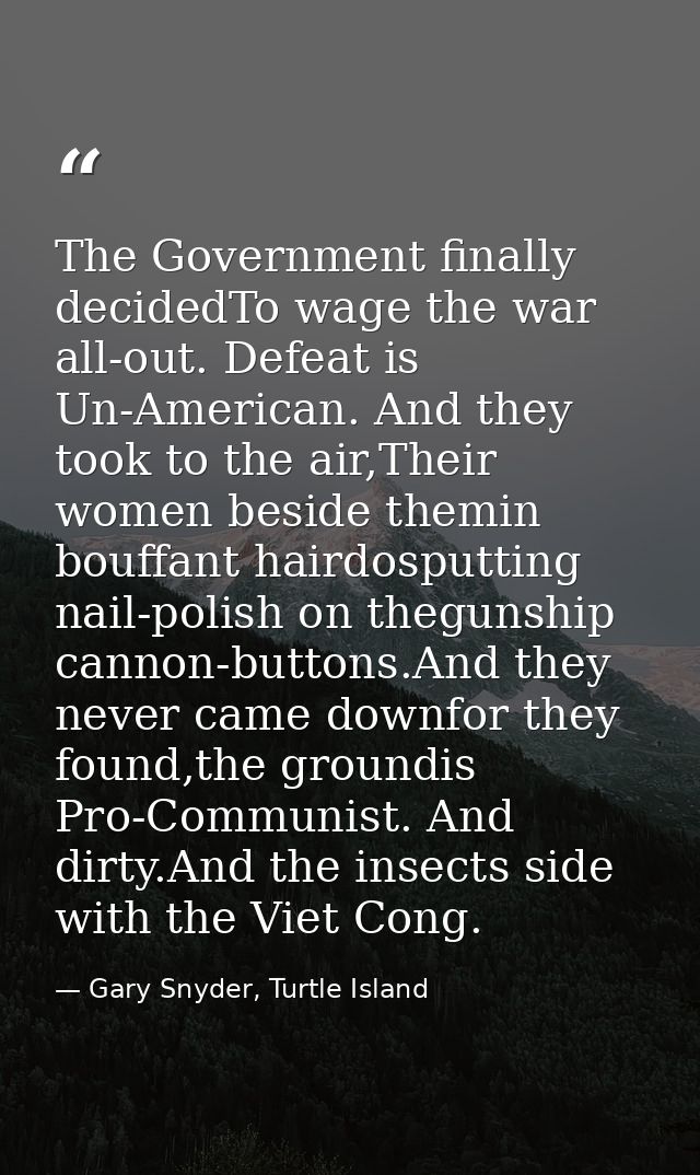The Government finally decidedTo wage the war all-out. Defeat is Un-American. And they took to the air,Their women besid — Gary Snyder, Turtle Island