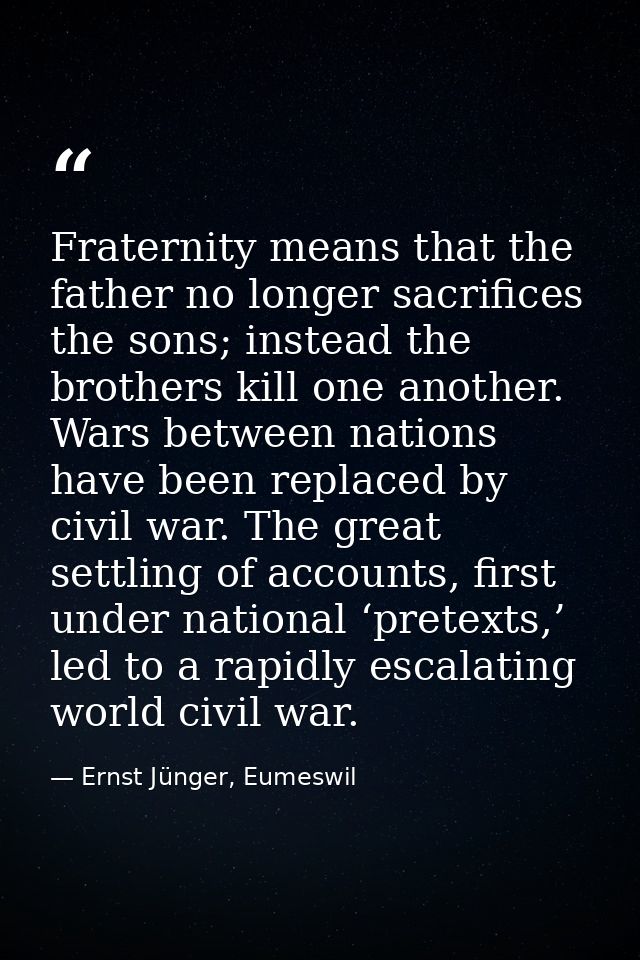 Fraternity means that the father no longer sacrifices the sons; instead the brothers kill one another. Wars between nati — Ernst Jünger, Eumeswil