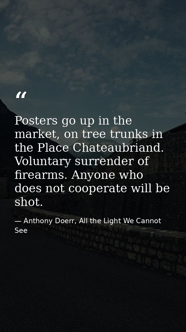 Posters go up in the market, on tree trunks in the Place Chateaubriand. Voluntary surrender of firearms. Anyone who does — Anthony Doerr, All the Light We Cannot See
