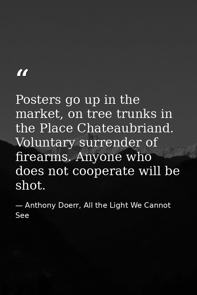 Posters go up in the market, on tree trunks in the Place Chateaubriand. Voluntary surrender of firearms. Anyone who does — Anthony Doerr, All the Light We Cannot See