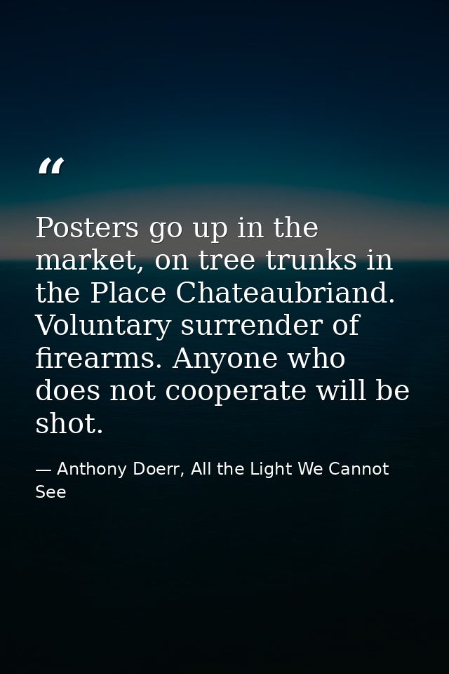 Posters go up in the market, on tree trunks in the Place Chateaubriand. Voluntary surrender of firearms. Anyone who does — Anthony Doerr, All the Light We Cannot See