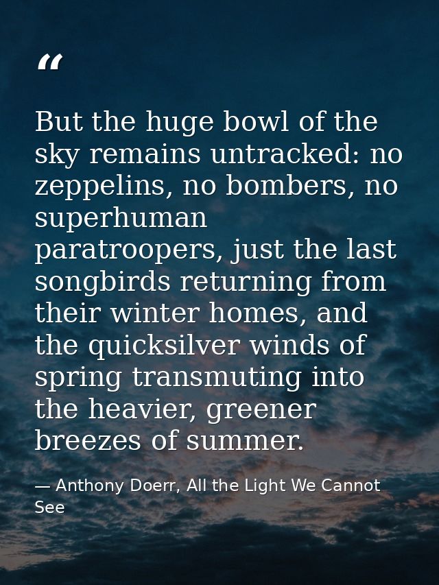 But the huge bowl of the sky remains untracked: no zeppelins, no bombers, no superhuman paratroopers, just the last song — Anthony Doerr, All the Light We Cannot See