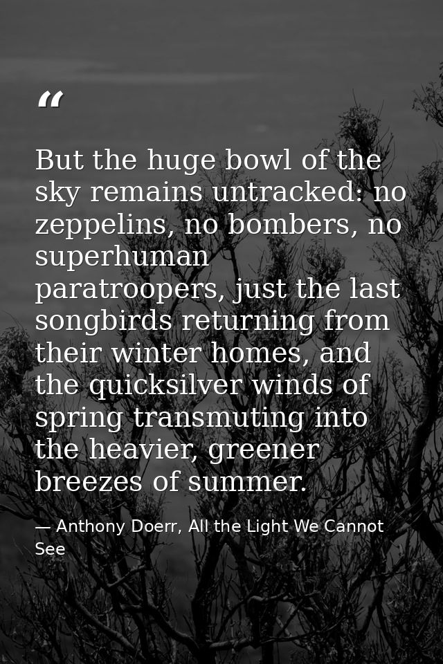 But the huge bowl of the sky remains untracked: no zeppelins, no bombers, no superhuman paratroopers, just the last song — Anthony Doerr, All the Light We Cannot See