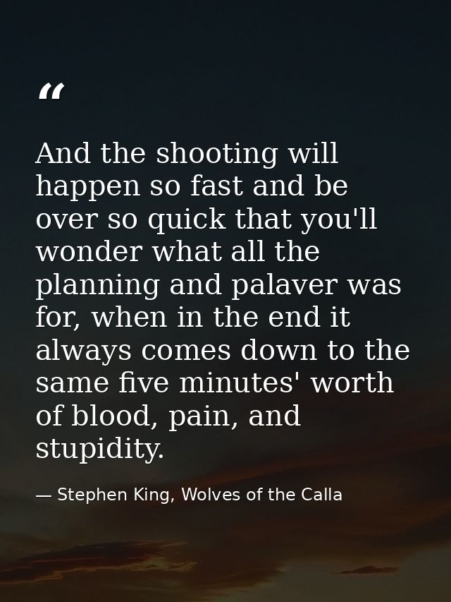 And the shooting will happen so fast and be over so quick that you'll wonder what all the planning and palaver was for,  — Stephen King, Wolves of the Calla