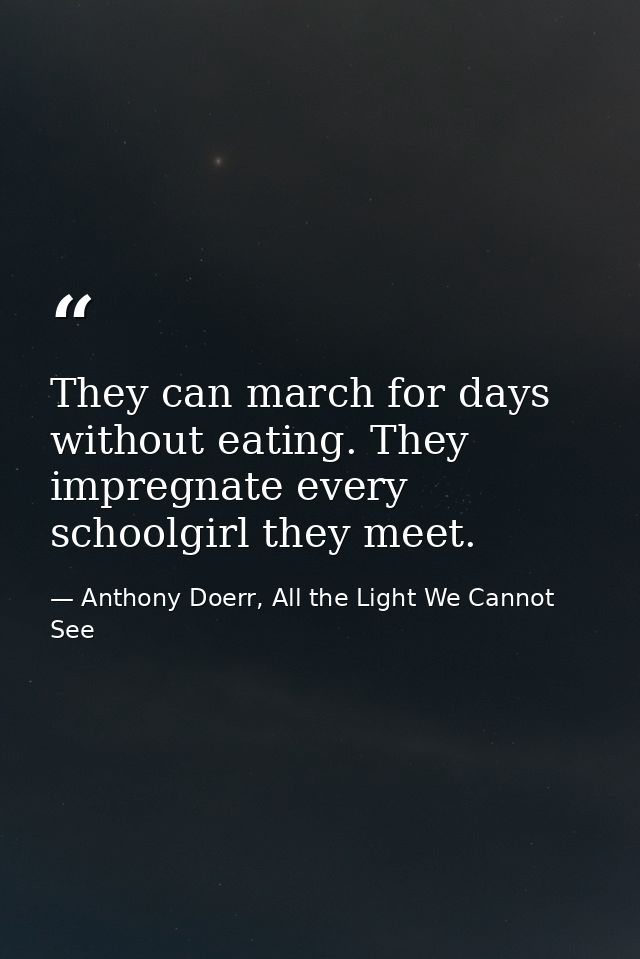 They can march for days without eating. They impregnate every schoolgirl they meet. — Anthony Doerr, All the Light We Cannot See