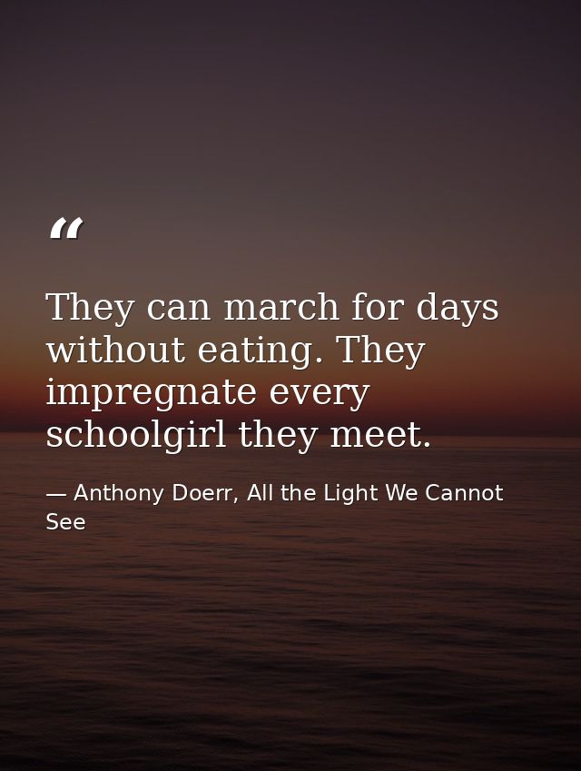 They can march for days without eating. They impregnate every schoolgirl they meet. — Anthony Doerr, All the Light We Cannot See
