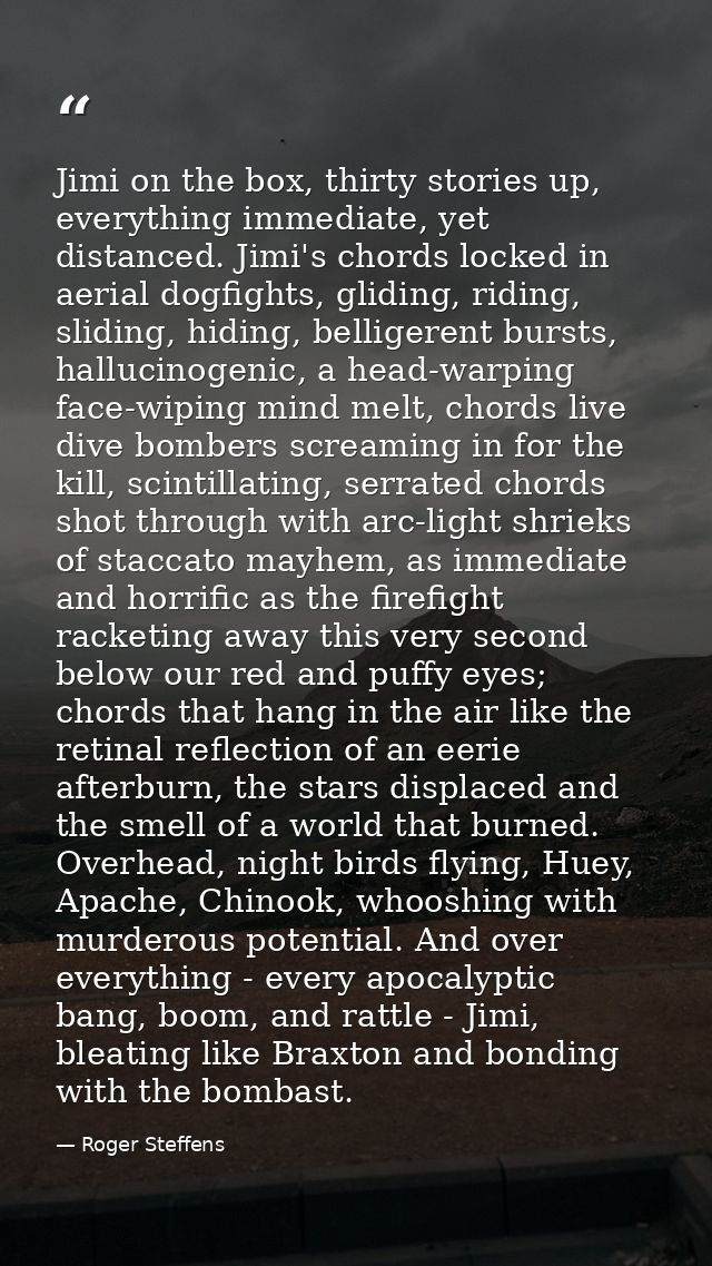 Jimi on the box, thirty stories up, everything immediate, yet distanced. Jimi's chords locked in aerial dogfights, glidi — Roger Steffens