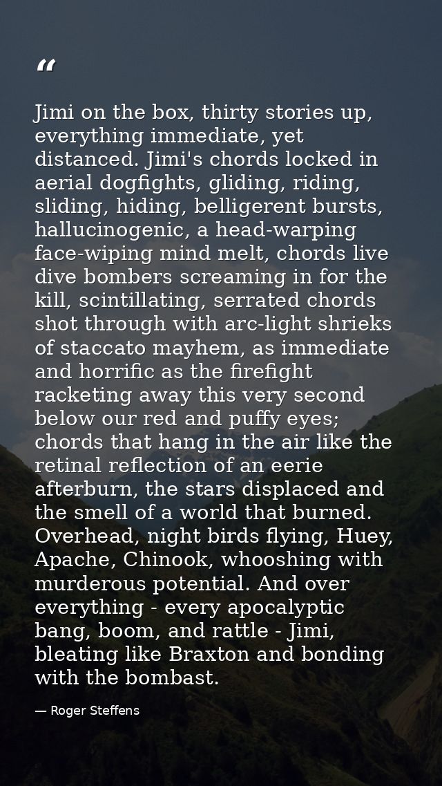 Jimi on the box, thirty stories up, everything immediate, yet distanced. Jimi's chords locked in aerial dogfights, glidi — Roger Steffens