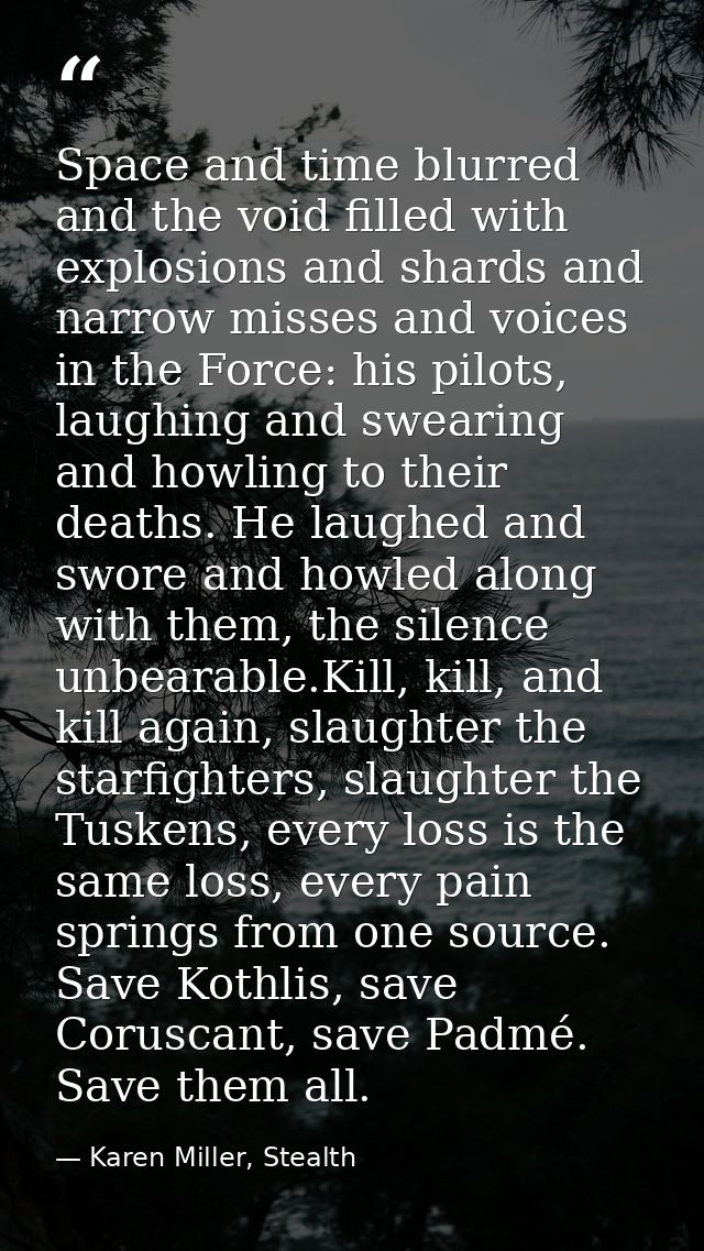 Space and time blurred and the void filled with explosions and shards and narrow misses and voices in the Force: his pil — Karen Miller, Stealth