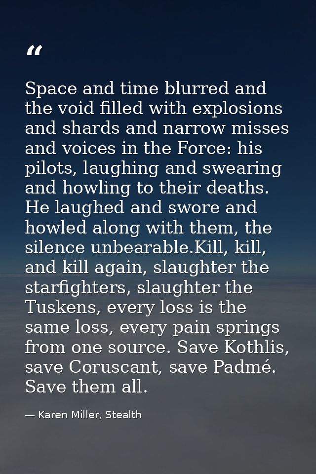 Space and time blurred and the void filled with explosions and shards and narrow misses and voices in the Force: his pil — Karen Miller, Stealth