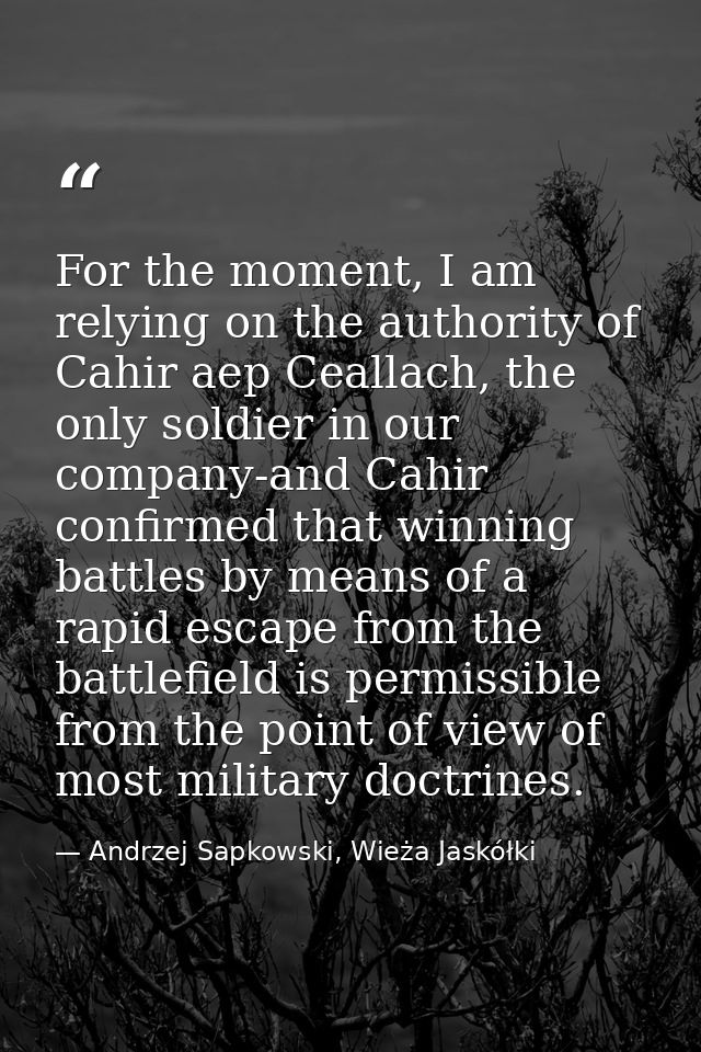 For the moment, I am relying on the authority of Cahir aep Ceallach, the only soldier in our company-and Cahir confirmed — Andrzej Sapkowski, Wieża Jaskółki