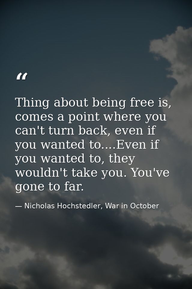Thing about being free is, comes a point where you can't turn back, even if you wanted to....Even if you wanted to, they — Nicholas Hochstedler, War in October