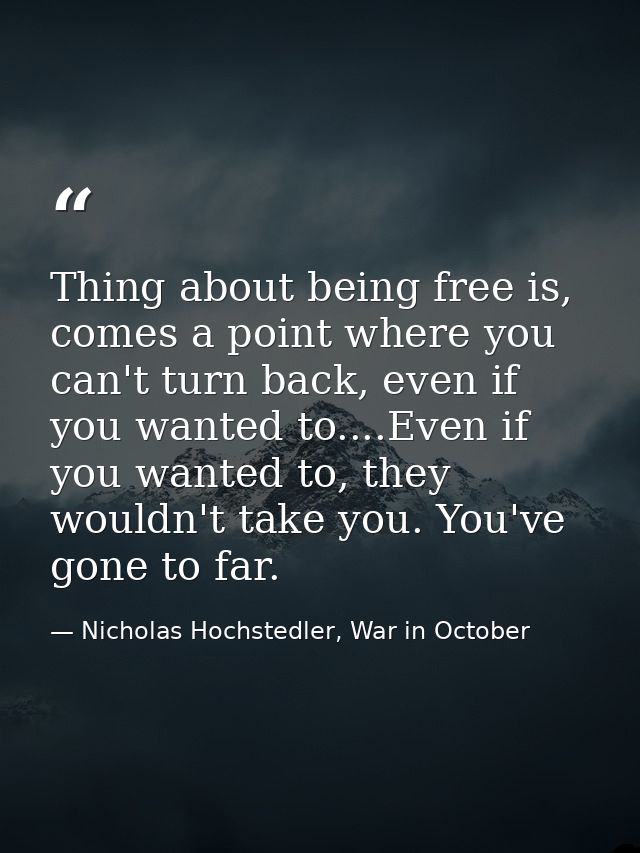 Thing about being free is, comes a point where you can't turn back, even if you wanted to....Even if you wanted to, they — Nicholas Hochstedler, War in October