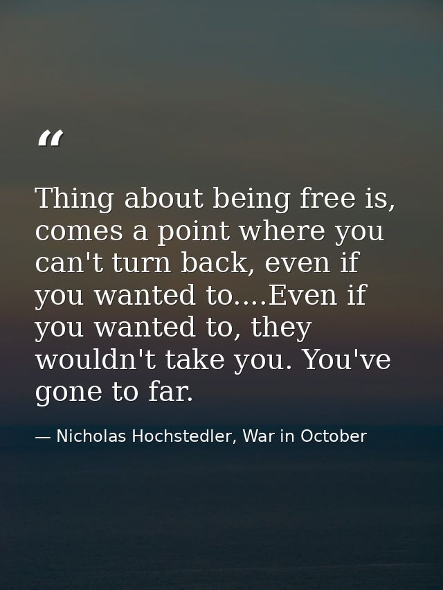 Thing about being free is, comes a point where you can't turn back, even if you wanted to....Even if you wanted to, they — Nicholas Hochstedler, War in October