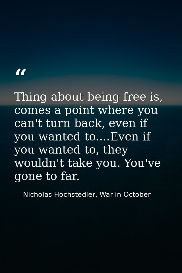 Thing about being free is, comes a point where you can't turn back, even if you wanted to....Even if you wanted to, they — Nicholas Hochstedler, War in October