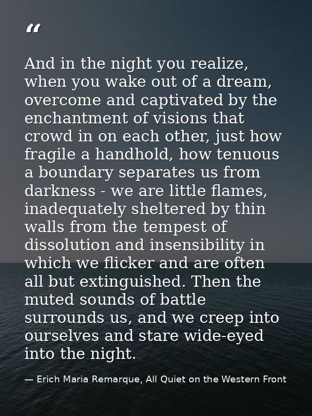 And in the night you realize, when you wake out of a dream, overcome and captivated by the enchantment of visions that c — Erich Maria Remarque, All Quiet on the Western Front