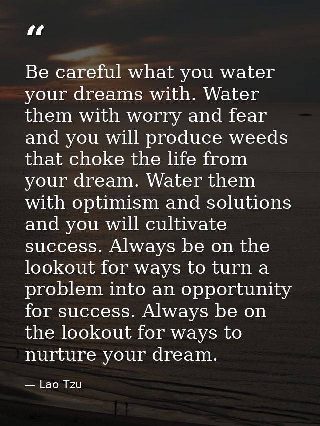 Be careful what you water your dreams with. Water them with worry and fear and you will produce weeds that choke the lif — Lao Tzu