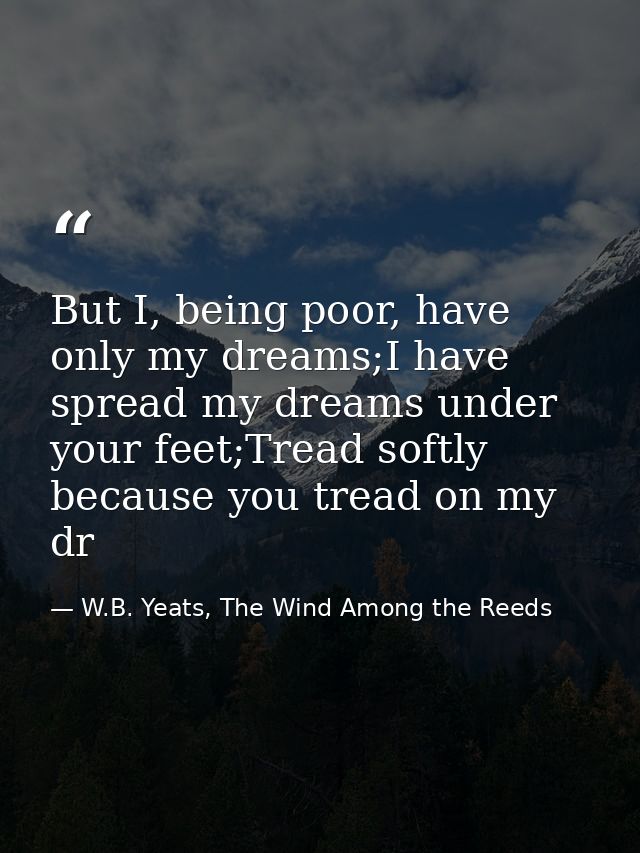 But I, being poor, have only my dreams;I have spread my dreams under your feet;Tread softly because you tread on my dr — W.B. Yeats, The Wind Among the Reeds