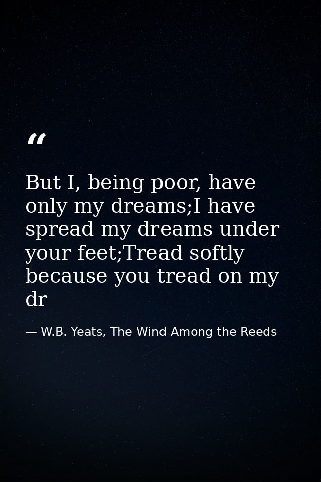 But I, being poor, have only my dreams;I have spread my dreams under your feet;Tread softly because you tread on my dr — W.B. Yeats, The Wind Among the Reeds