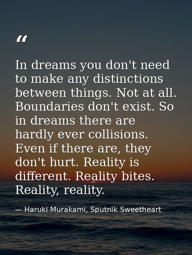 In dreams you don't need to make any distinctions between things. Not at all. Boundaries don't exist. So in dreams there — Haruki Murakami, Sputnik Sweetheart