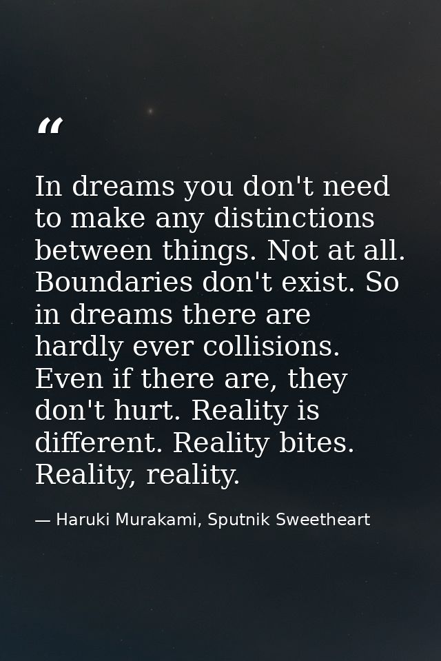 In dreams you don't need to make any distinctions between things. Not at all. Boundaries don't exist. So in dreams there — Haruki Murakami, Sputnik Sweetheart