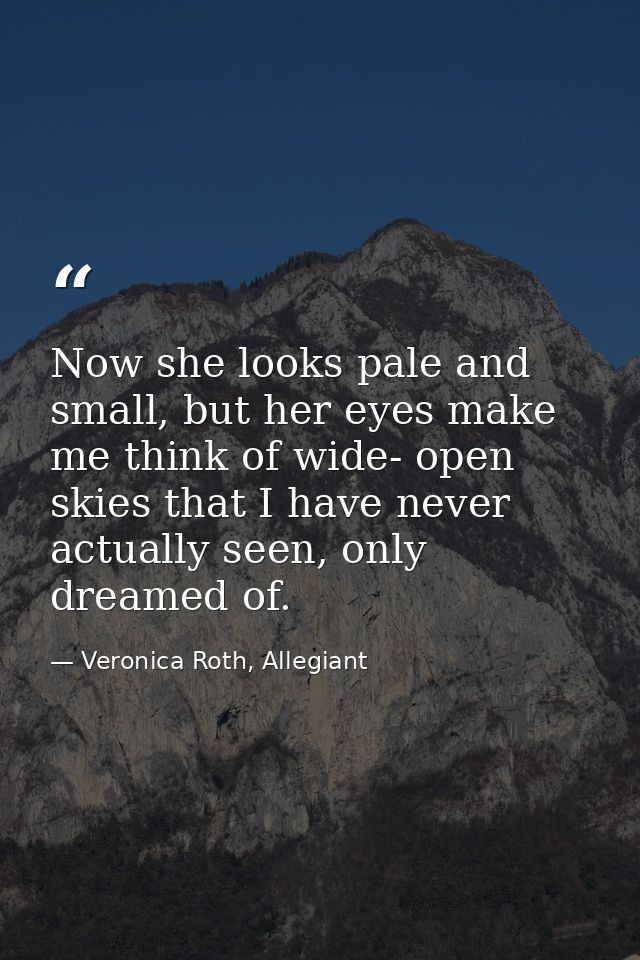 Now she looks pale and small, but her eyes make me think of wide- open skies that I have never actually seen, only dream — Veronica Roth, Allegiant