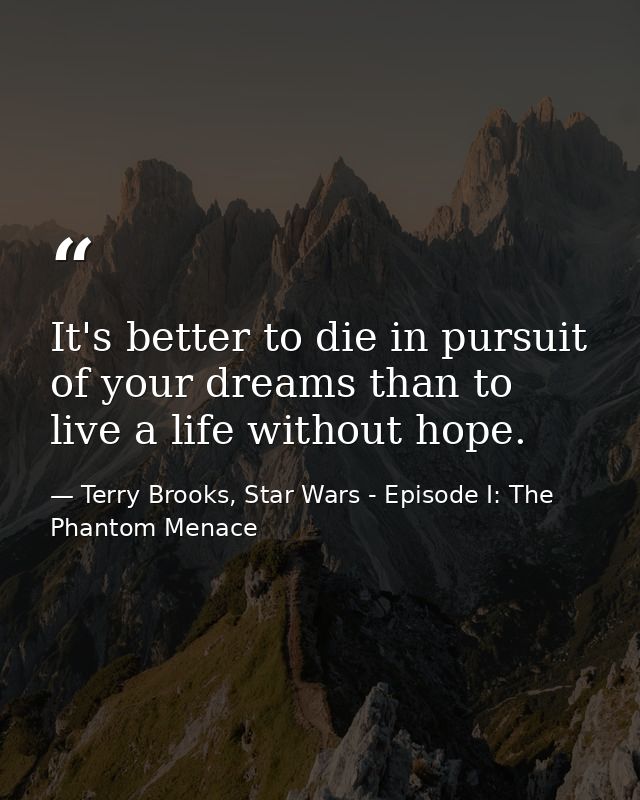 It's better to die in pursuit of your dreams than to live a life without hope. — Terry Brooks, Star Wars - Episode I: The Phantom Menace