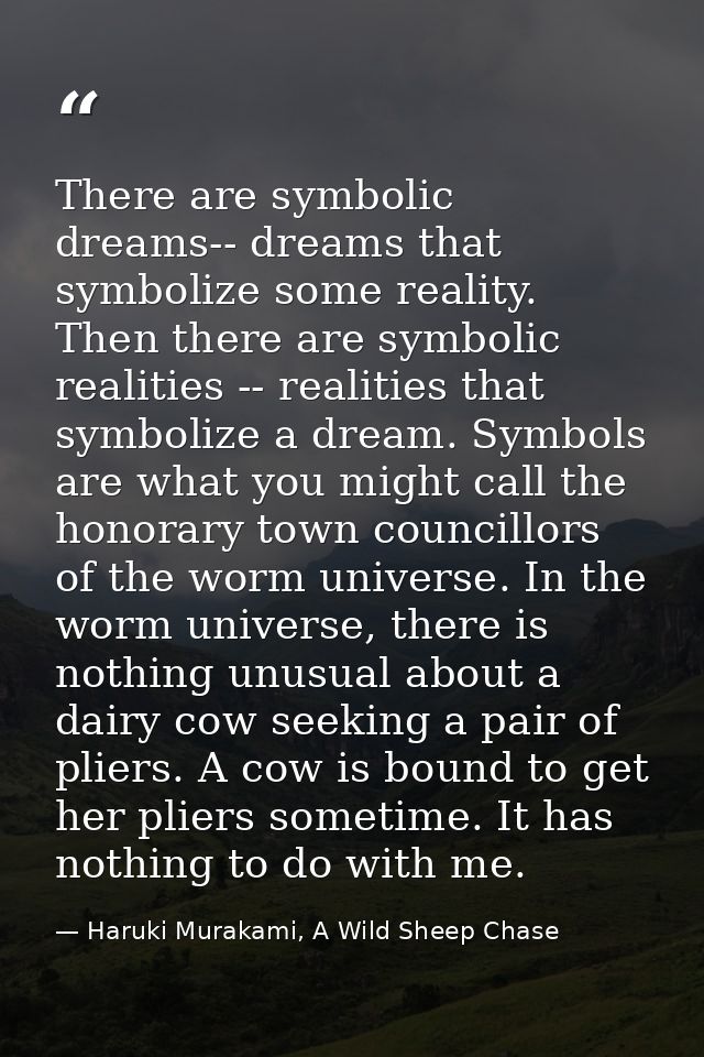 There are symbolic dreams-- dreams that symbolize some reality. Then there are symbolic realities -- realities that symb — Haruki Murakami, A Wild Sheep Chase
