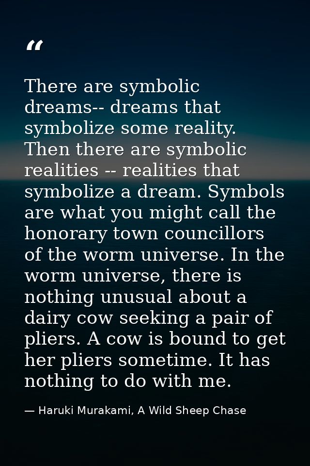 There are symbolic dreams-- dreams that symbolize some reality. Then there are symbolic realities -- realities that symb — Haruki Murakami, A Wild Sheep Chase