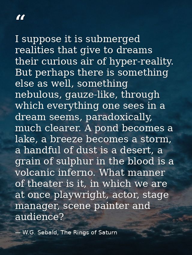 I suppose it is submerged realities that give to dreams their curious air of hyper-reality. But perhaps there is somethi — W.G. Sebald, The Rings of Saturn